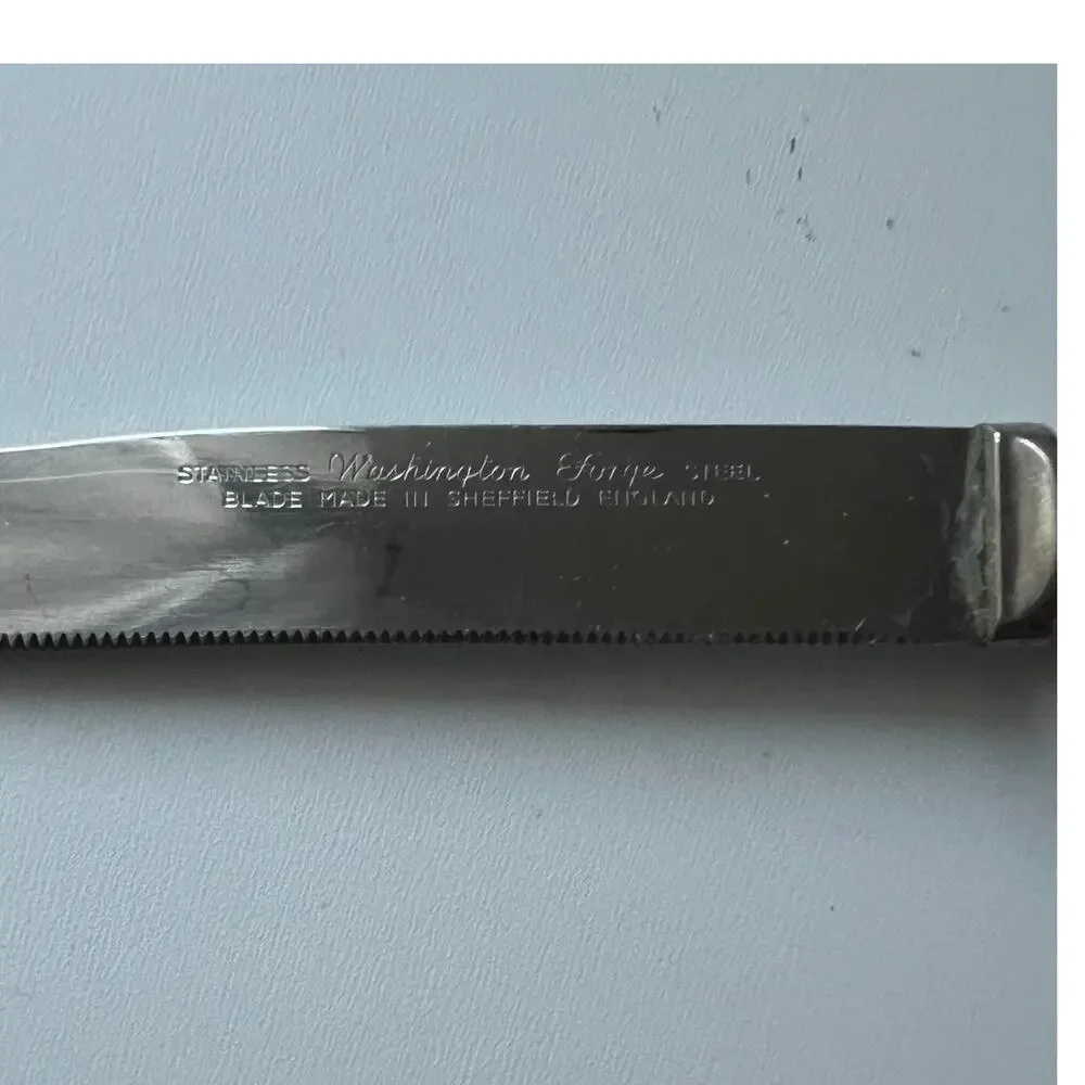 Vintage Cutlery 6 Washington Forge Sheffield Stainless Steak Knives Faux Stag
